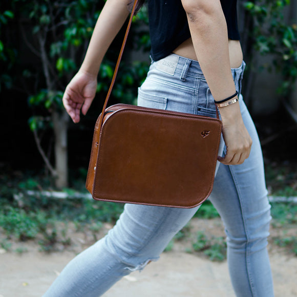 Handmade brown leather sling bag